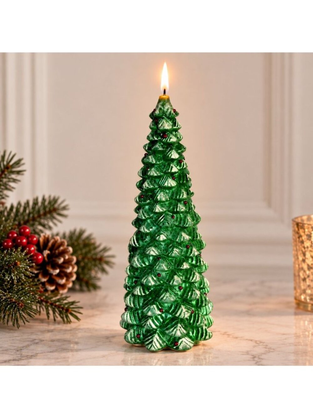 Metallic Christmas Tree Candle Centerpiece Vtg Y2K Holiday Seasonal Evergreen